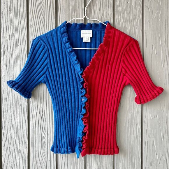 Find Me Now Two-Tone Ruffle Button Cardigan Blue/Red S Rib Knit Kidcore Y2K - Picture 4 of 9